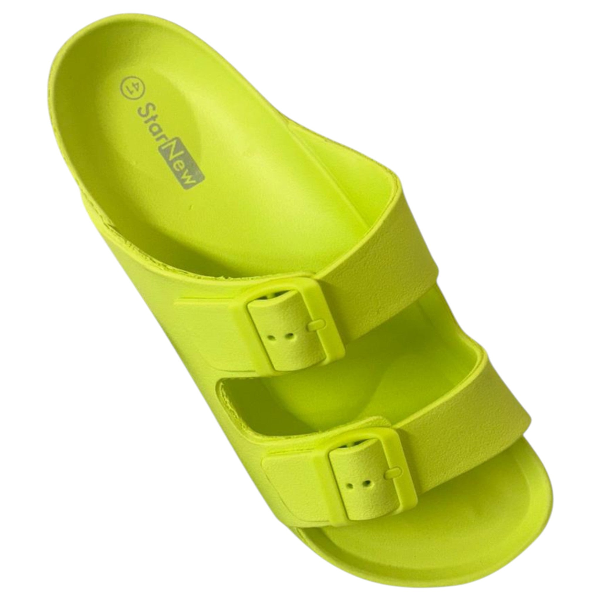 Light green Lightweight slip-on sandals with adjustable double buckle straps perfect for holiday's, beach and swimming pools